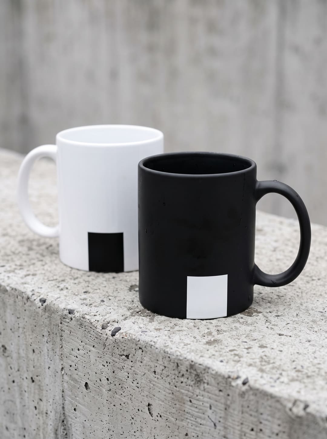 Duas chávenas sobre um muro de betão: uma branca com um rectângulo preto e uma preta com um rectângulo branco.