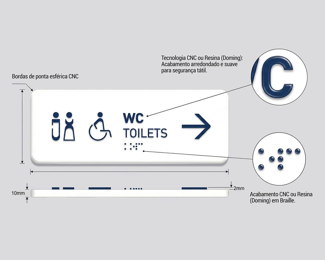 A placa WC / Toilets de frente e de perfil, 10 mm de base e 2 mm de relevo, com pormenores da letra e do Braille.