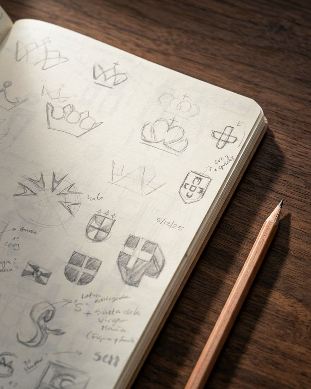 Caderno com coroas, halo, escudos, cruz e quinas, e um S com a silhueta da Virgem.