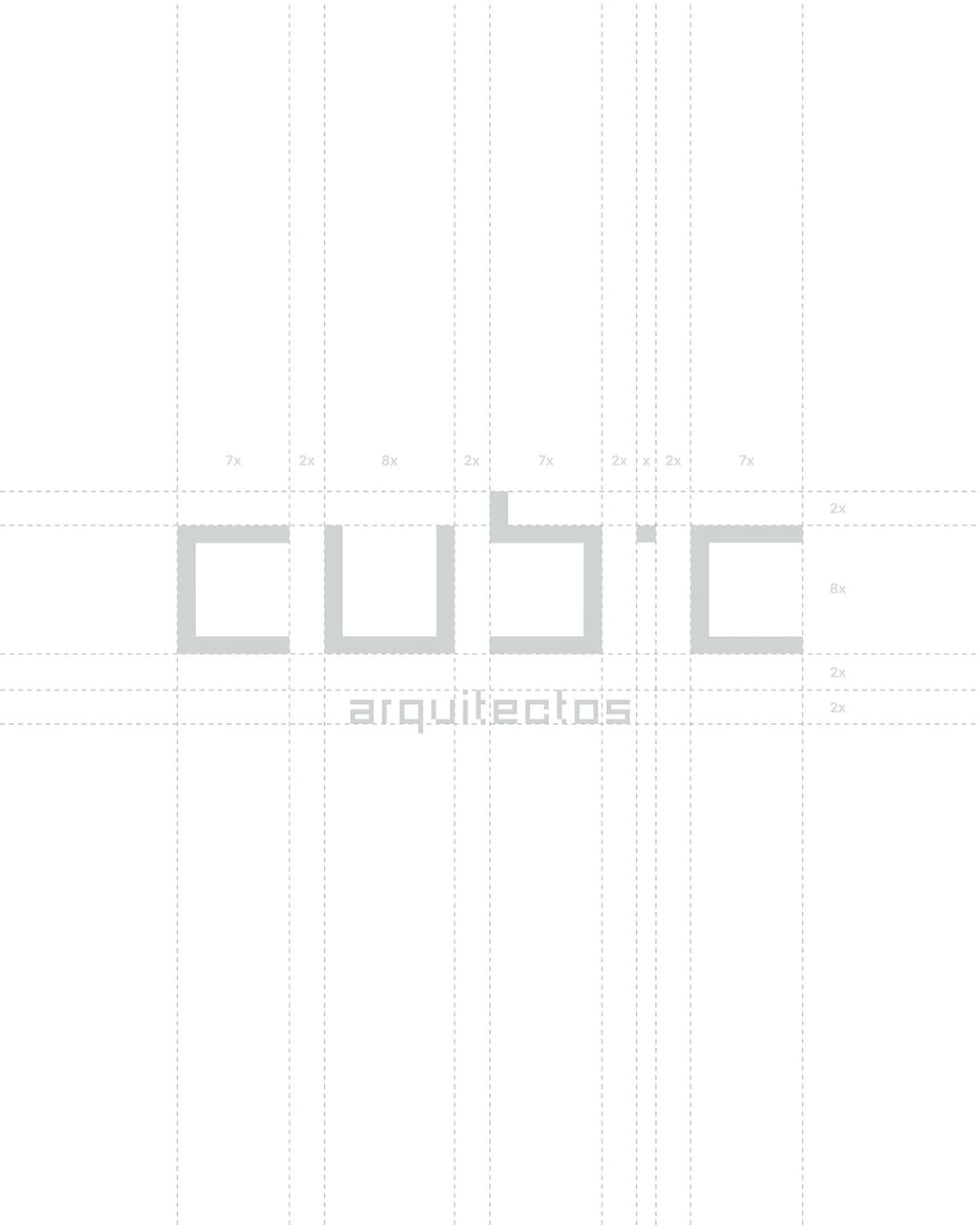 O logótipo da Cubic a cinzento-claro entre linhas tracejadas, com a medida de cada letra e de cada espaço em módulos: 7x, 2x, 8x, x.