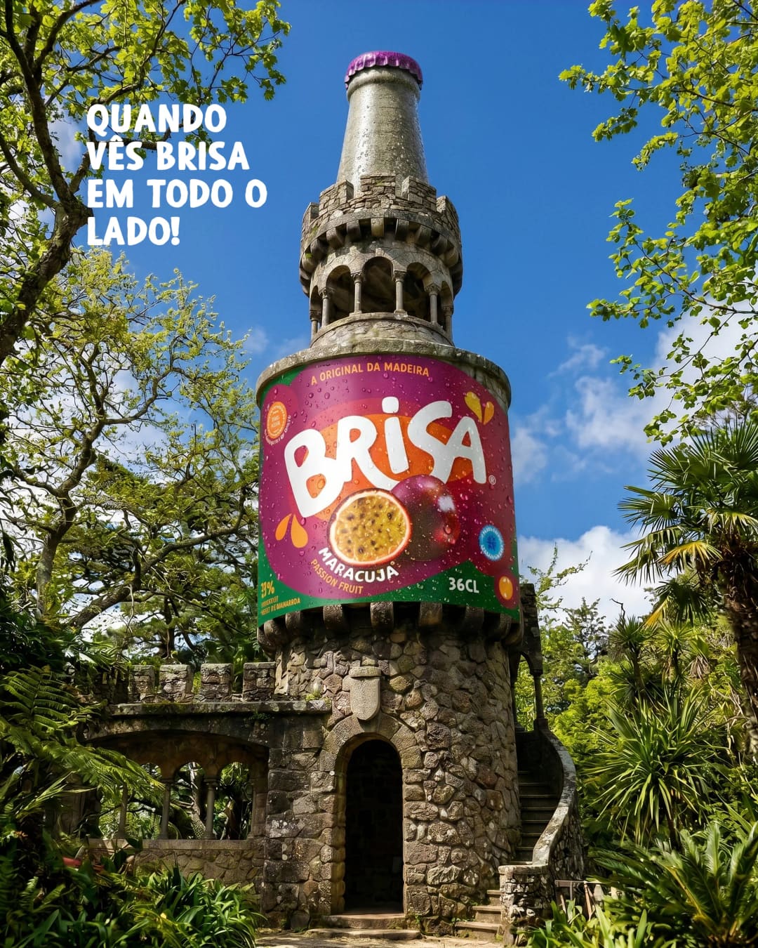 A crenellated stone tower with arcades, among trees, ending in a bottle neck with a purple cap, and the Brisa Maracujá label around it. On the left, “Quando vês Brisa em todo o lado!”.