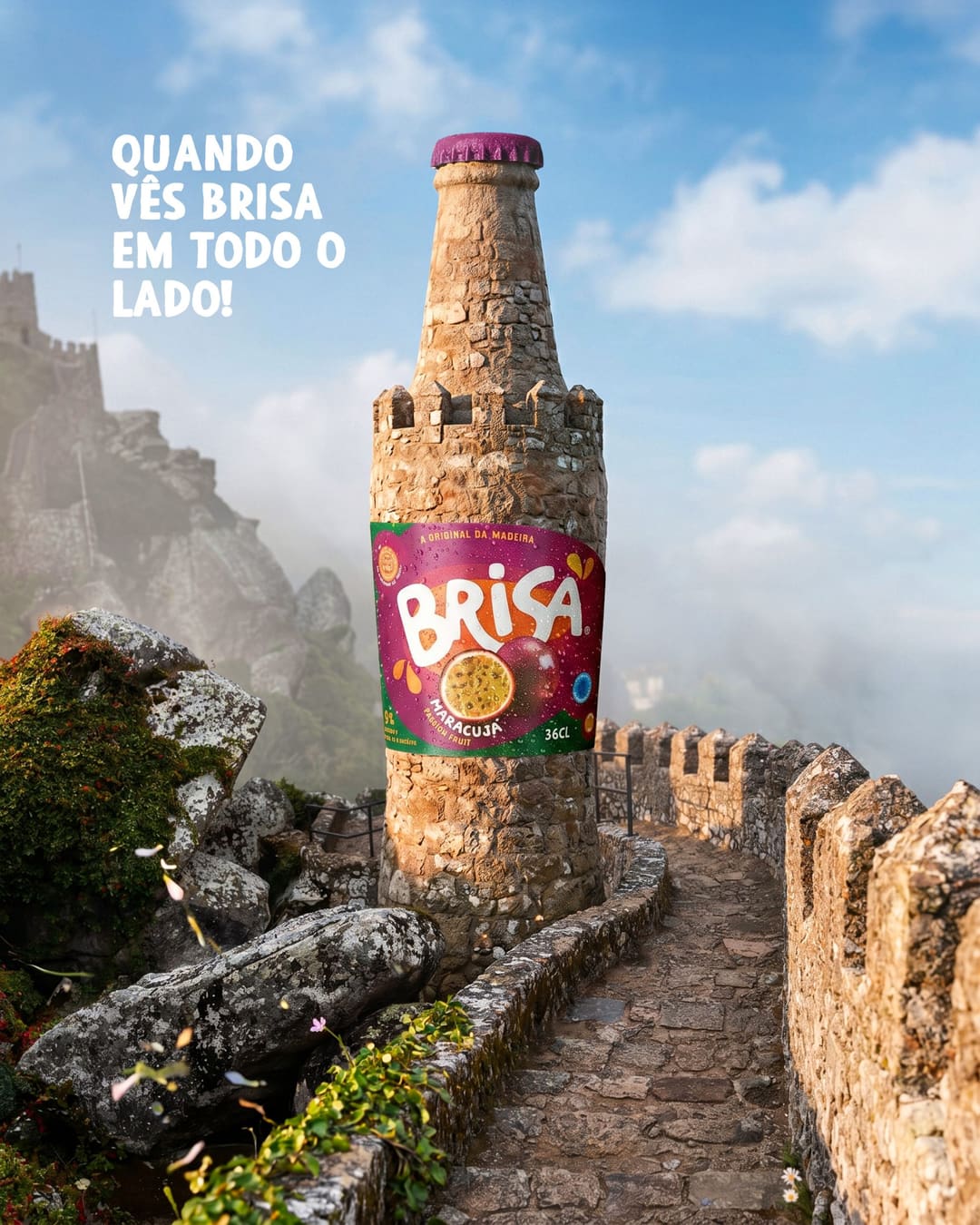 A bottle-shaped stone tower, with battlements, a purple cap and the Brisa Maracujá label, on a path along walls over rocks, with mist and a castle on the hill behind. On the left, “Quando vês Brisa em todo o lado!”.