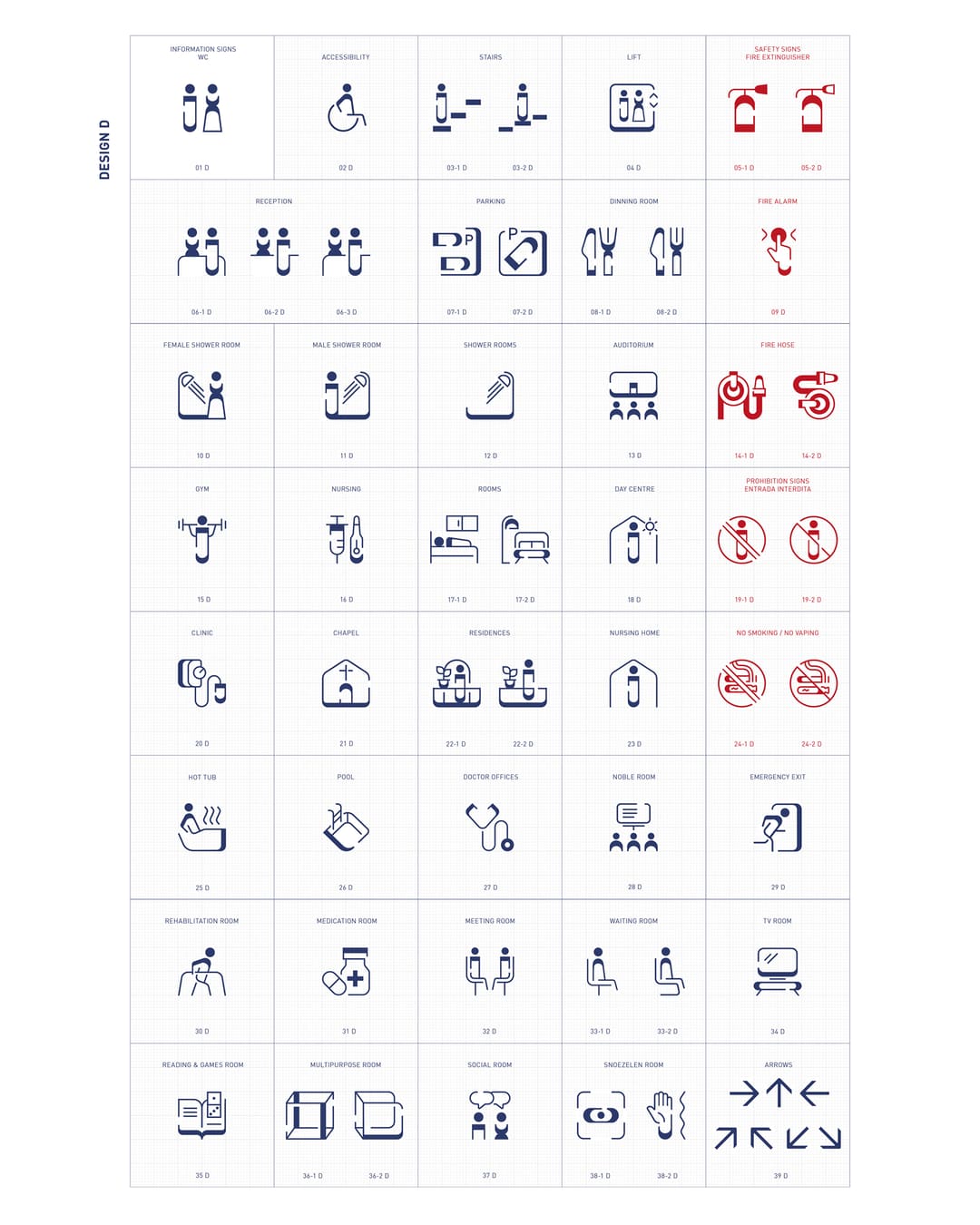 Quadro «Design D» com os pictogramas de 01 a 39 e as variantes, os de segurança e proibição a vermelho.
