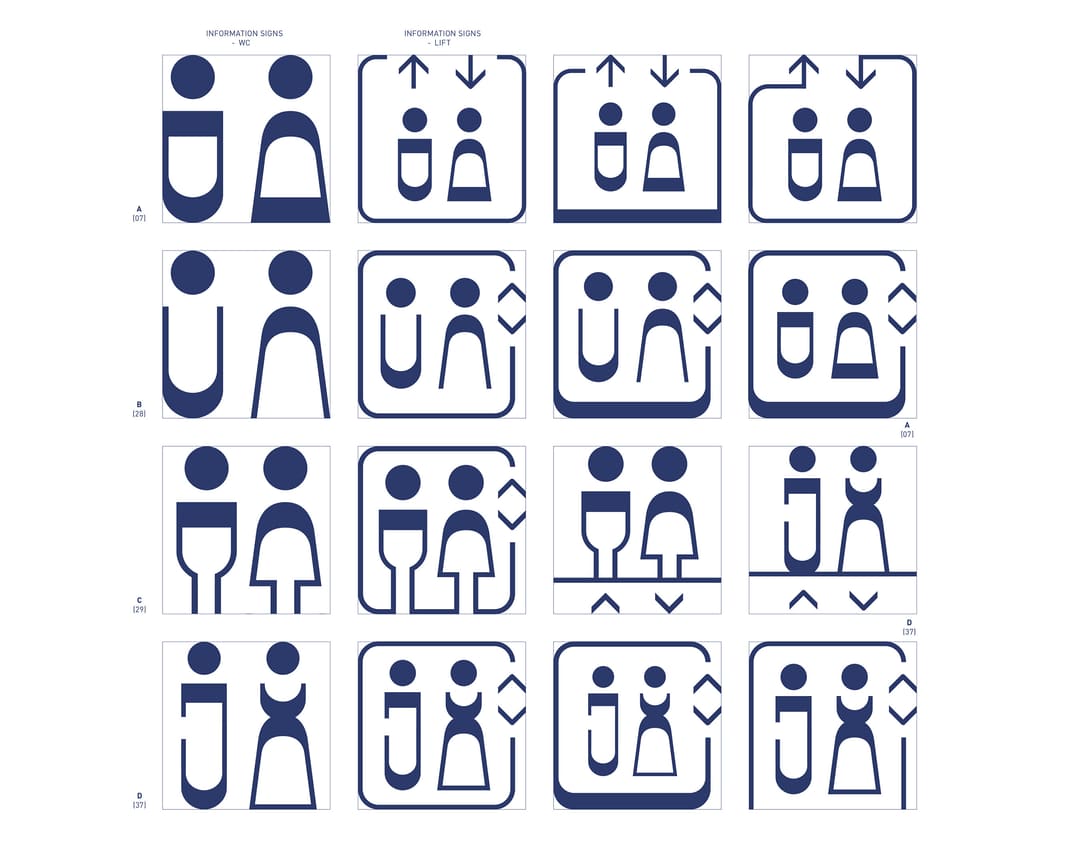 Grelha de dezasseis pictogramas, as figuras do WC e do elevador desenhadas nas versões A, B, C e D.