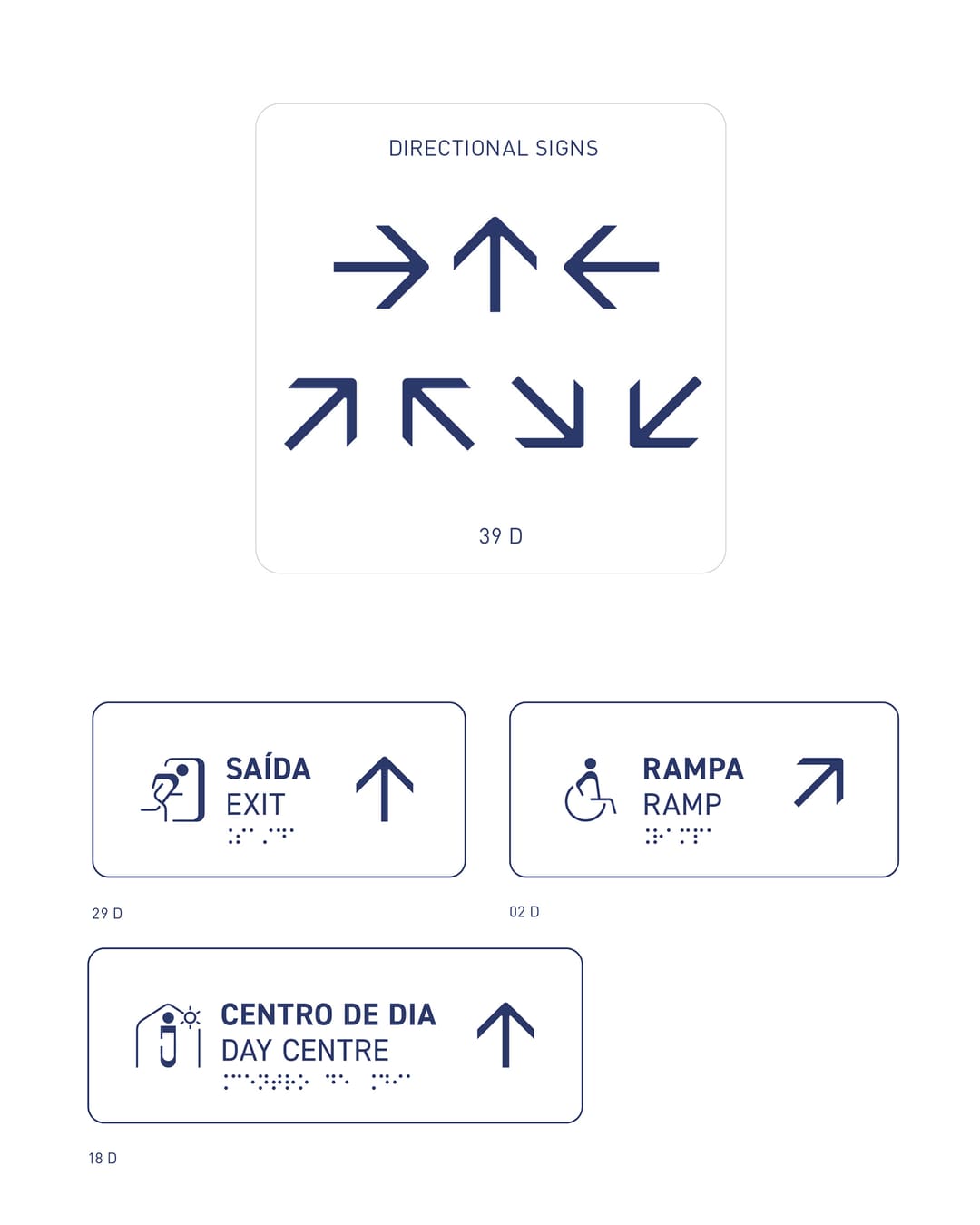 As setas direccionais e três placas: Saída / Exit, Rampa / Ramp e Centro de dia / Day centre, com Braille.