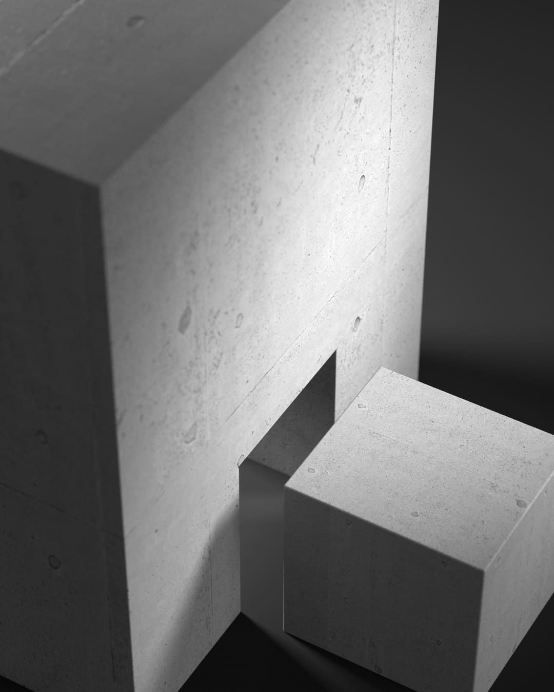Dois volumes de betão sob uma luz lateral: um bloco alto com uma abertura em baixo e um cubo encostado a ela.